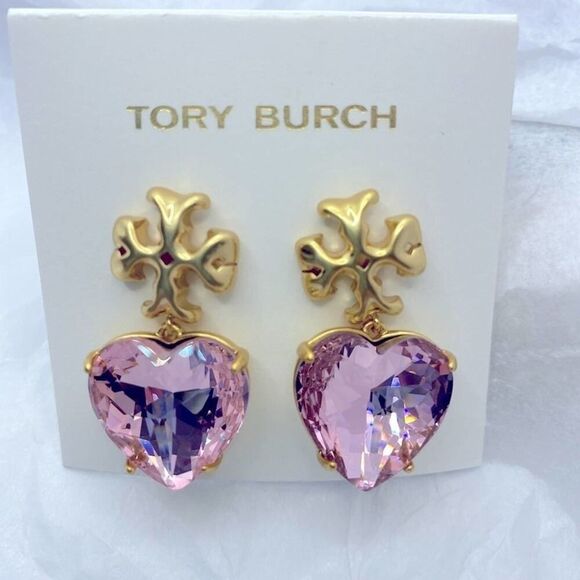 New Tory Burch Roxanne Gold,Pink Crystal Heart Earirng - Picture 4 of 9